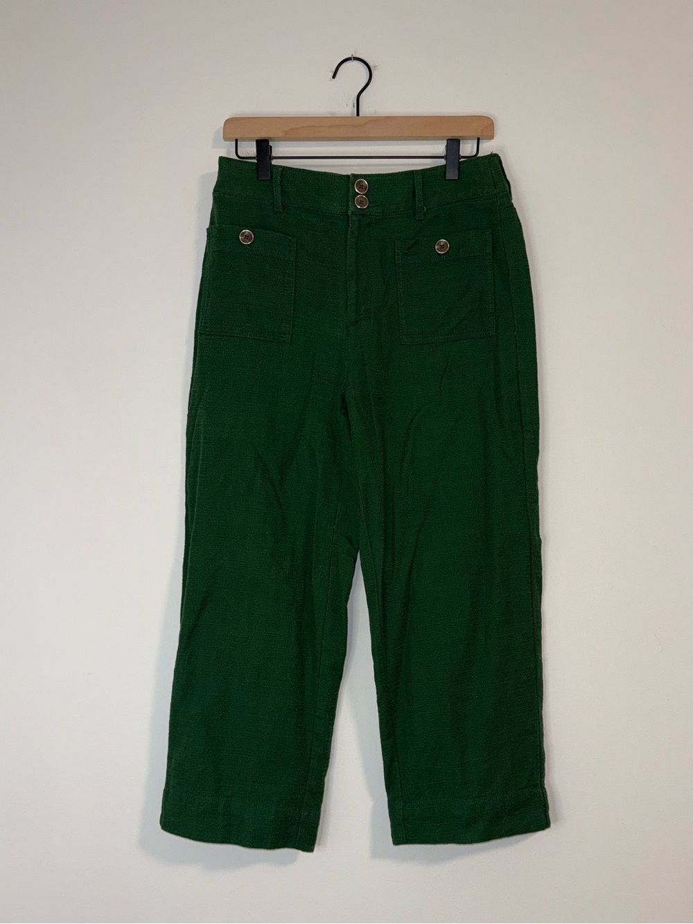 Chico's Hunter Forest Green Cotton Wide Leg Cropped Pants Tortoise Shell Buttons